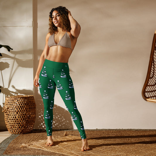 Contemporary Christmas Tree Yoga Leggings on Green