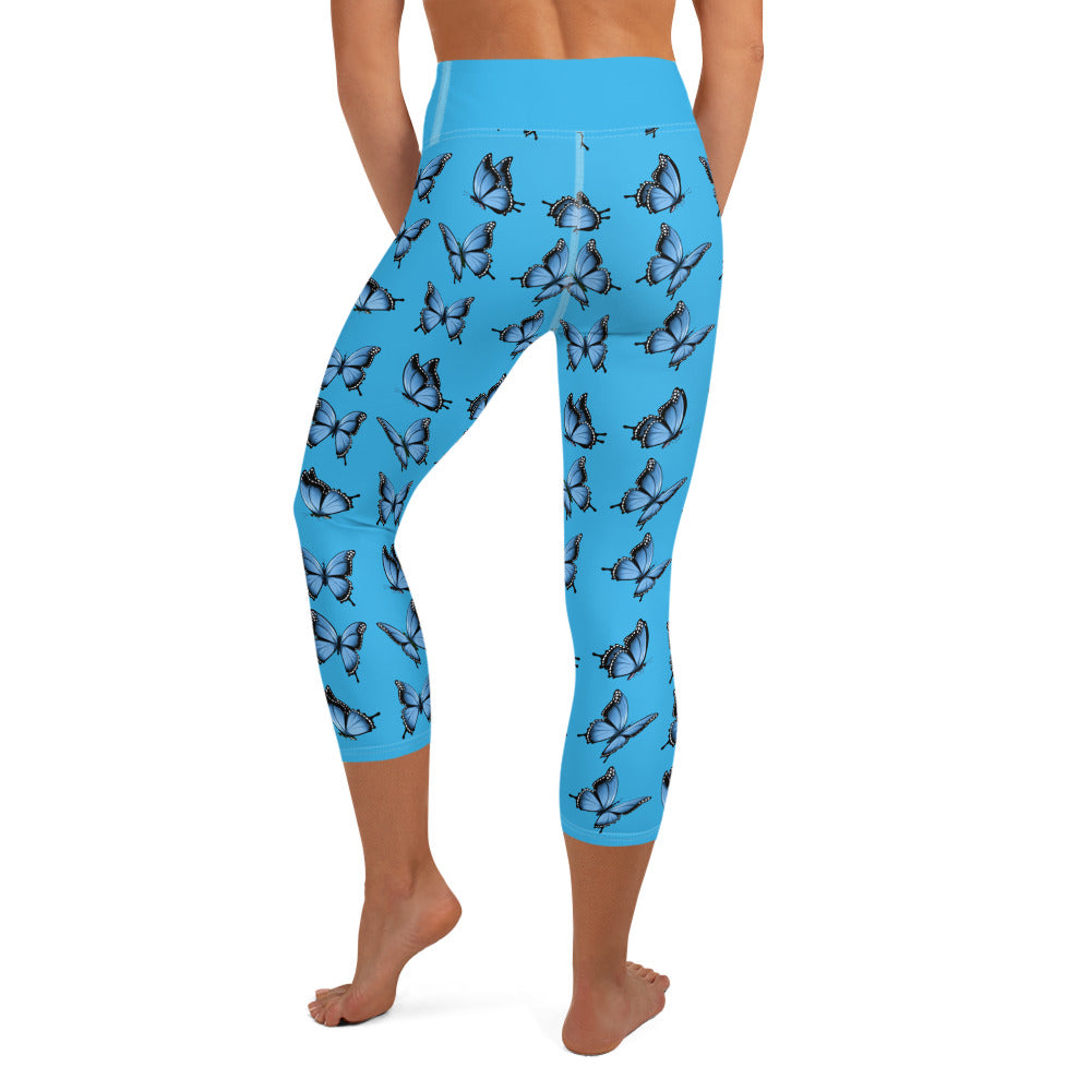 Bright Blue Butterflies Yoga Capri Leggings