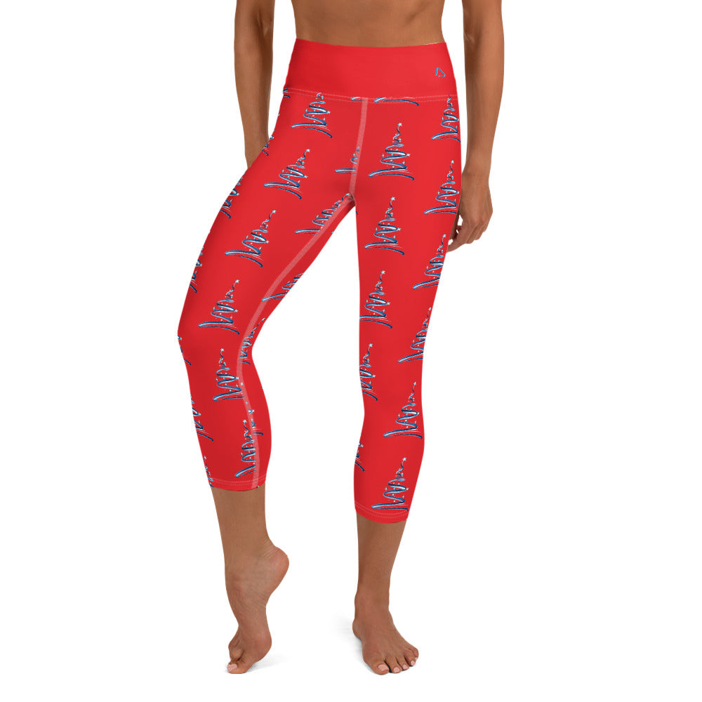 Contemporary Christmas Tree Yoga Capri Leggings on Red