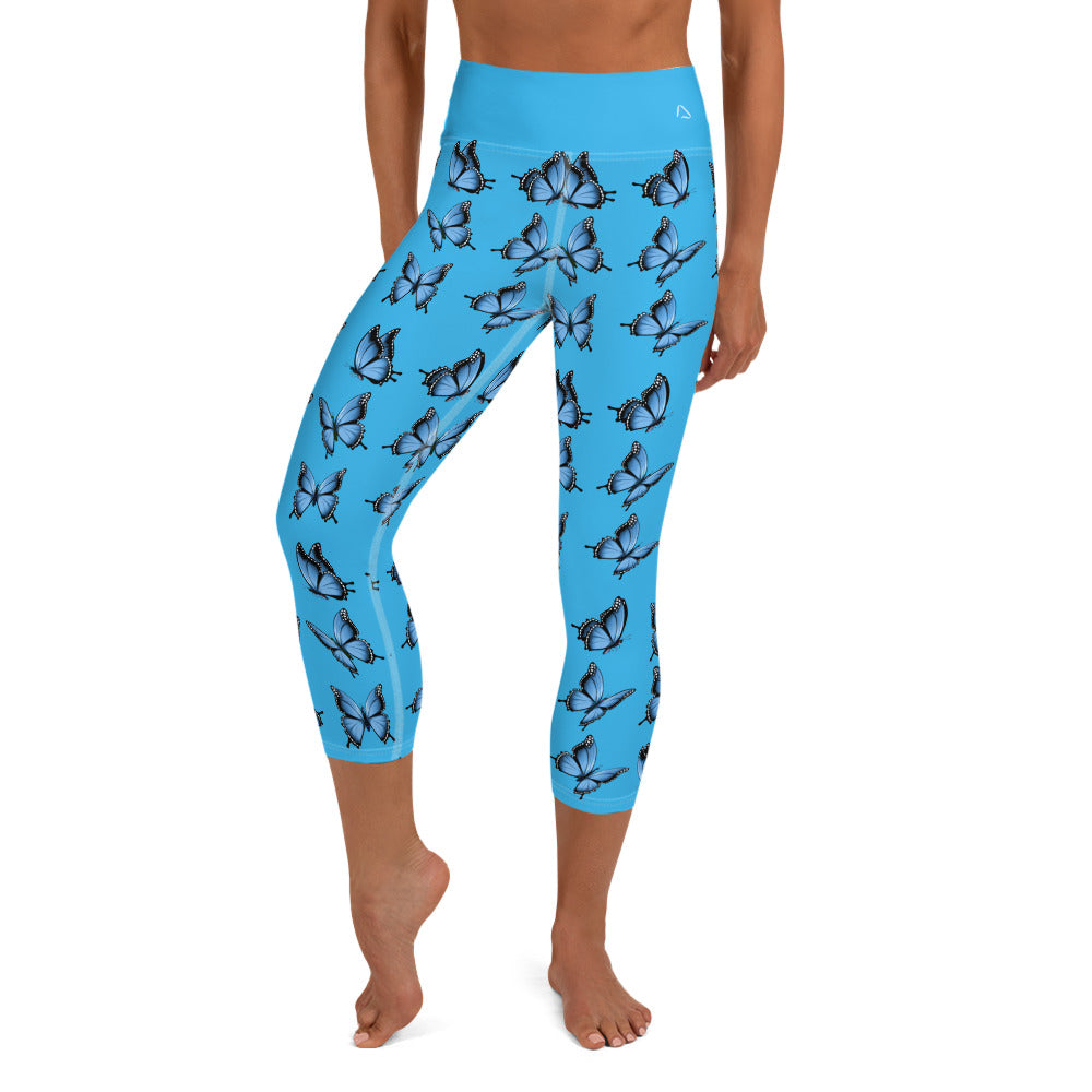 Bright Blue Butterflies Yoga Capri Leggings