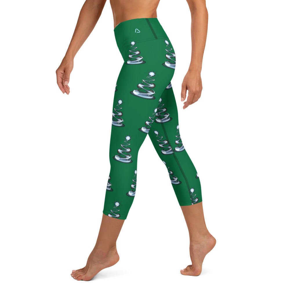 Contemporary Christmas Tree Yoga Capri Leggings on Green