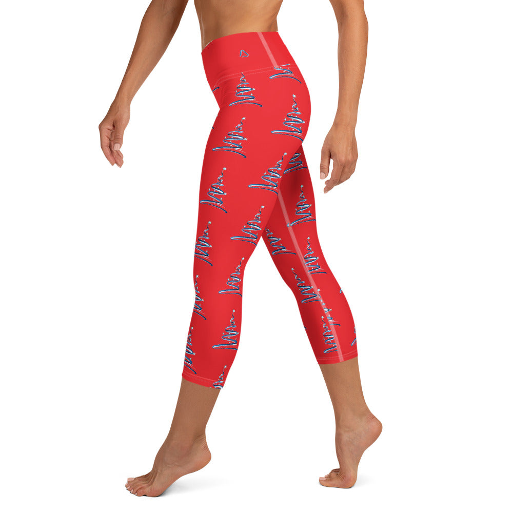 Contemporary Christmas Tree Yoga Capri Leggings on Red