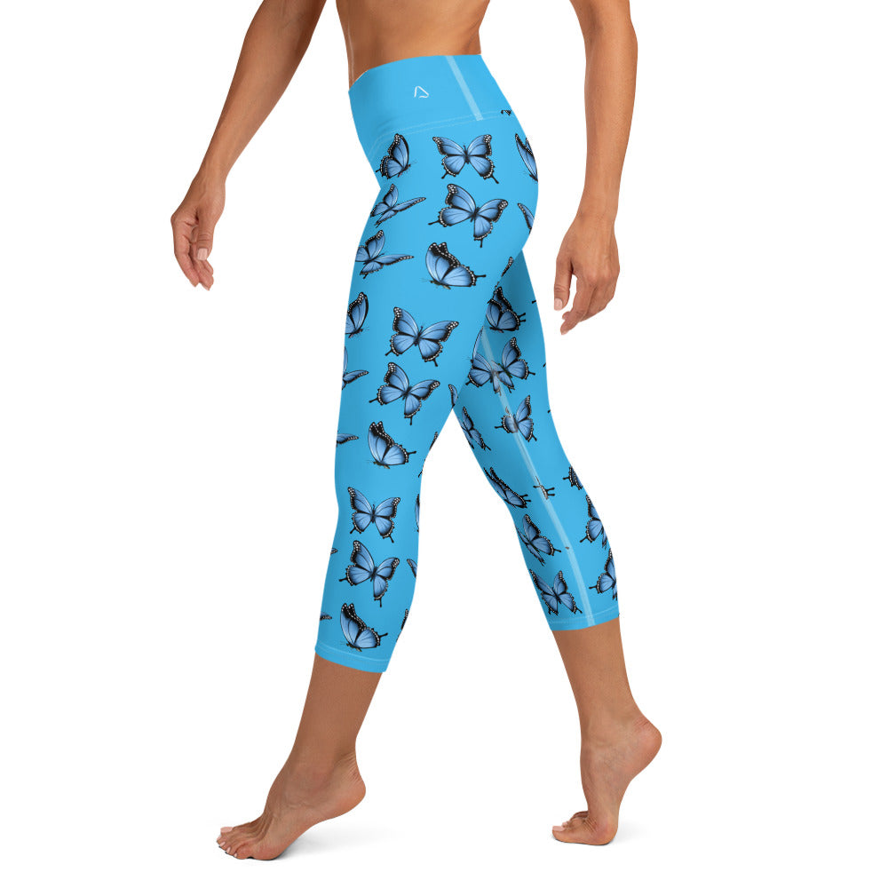 Bright Blue Butterflies Yoga Capri Leggings