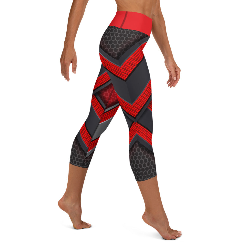 Black & Red Carbon Fiber Yoga Capri Leggings