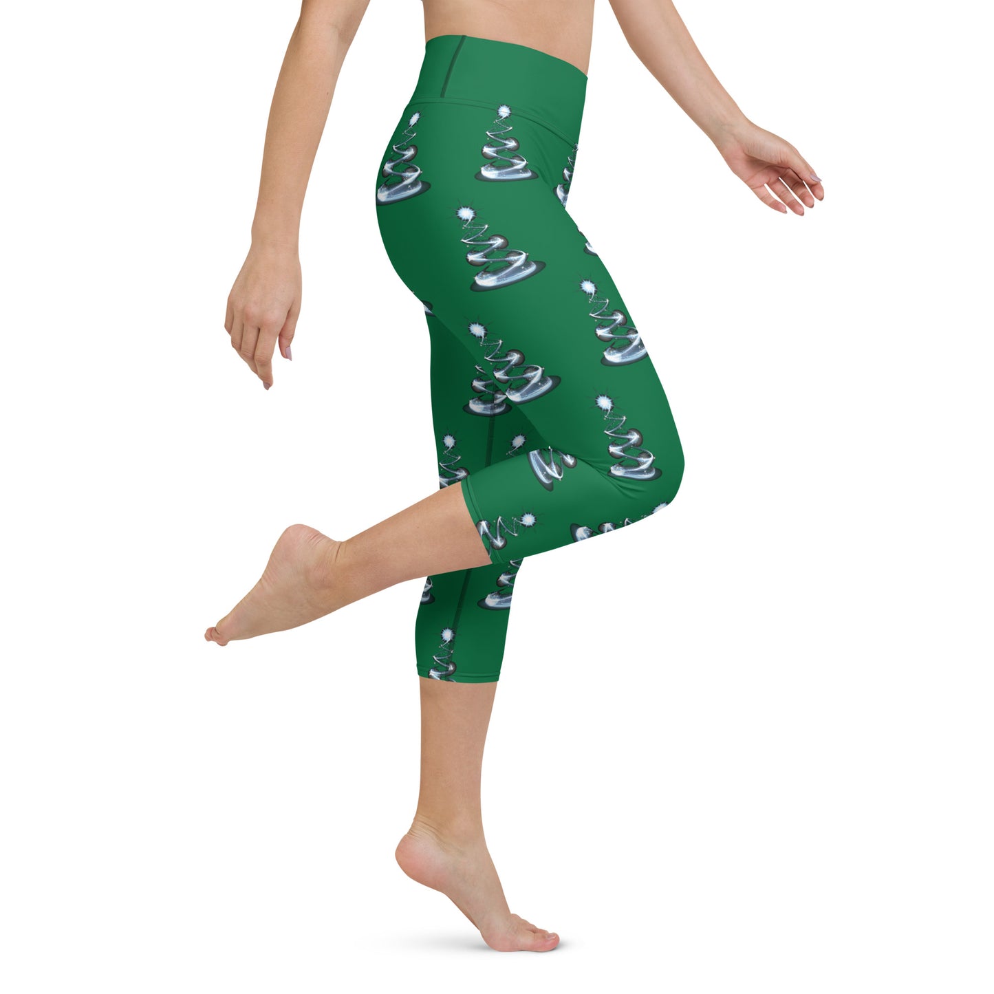 Contemporary Christmas Tree Yoga Capri Leggings on Green