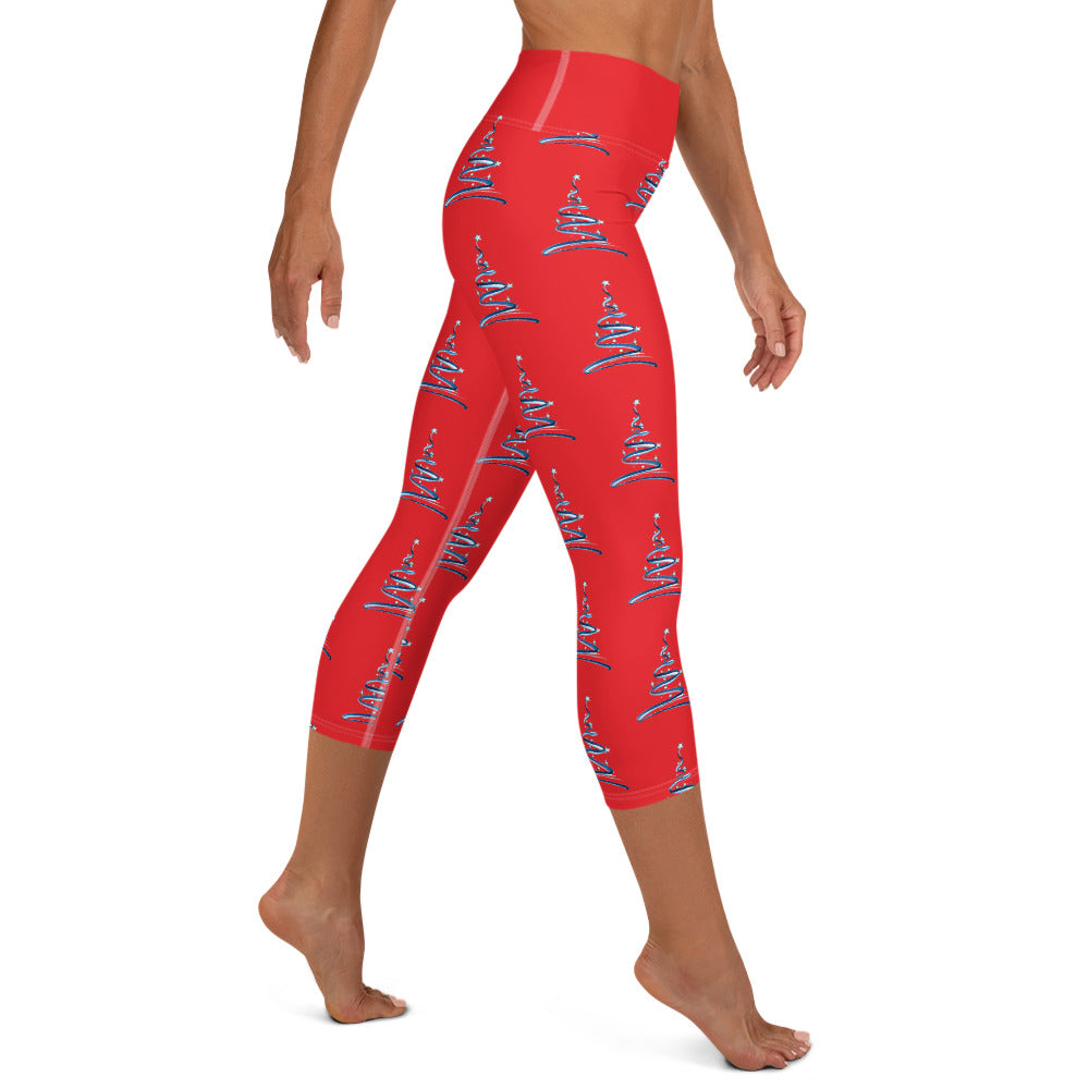 Contemporary Christmas Tree Yoga Capri Leggings on Red