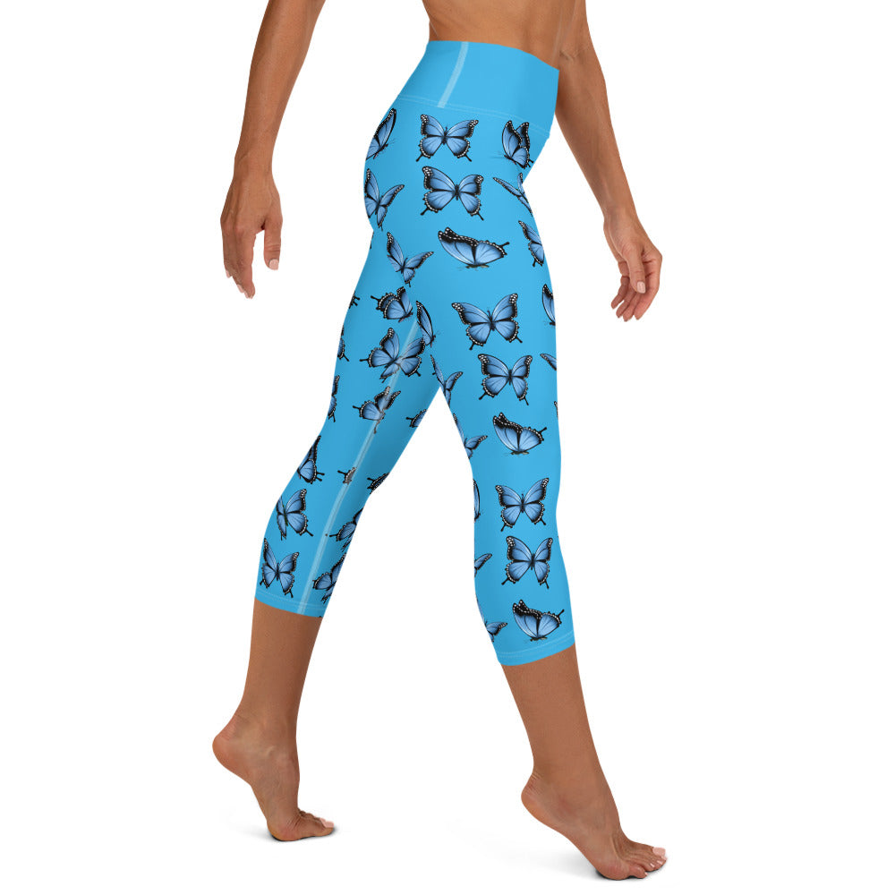 Bright Blue Butterflies Yoga Capri Leggings